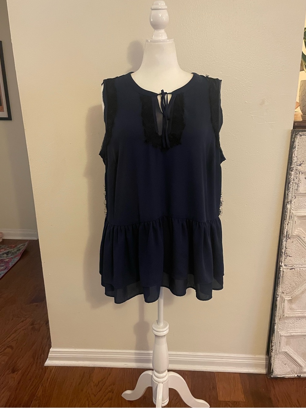 Lane Bryant Navy Sleeveless Ruffle-Hem Tie-Front Tunic